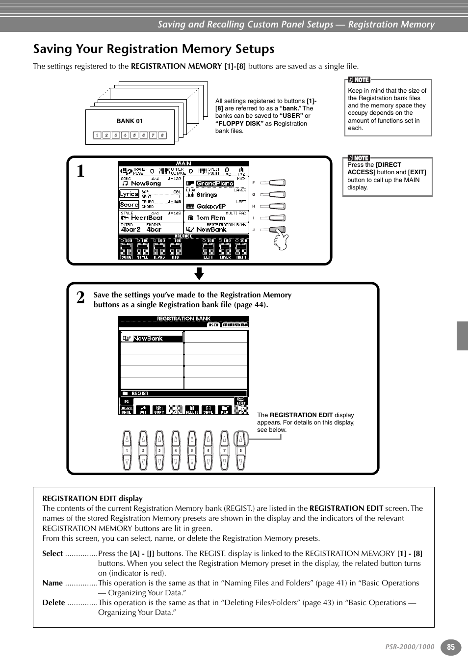 Saving your registration memory setups | Yamaha PORTATONE PSR-1000 User Manual | Page 85 / 172