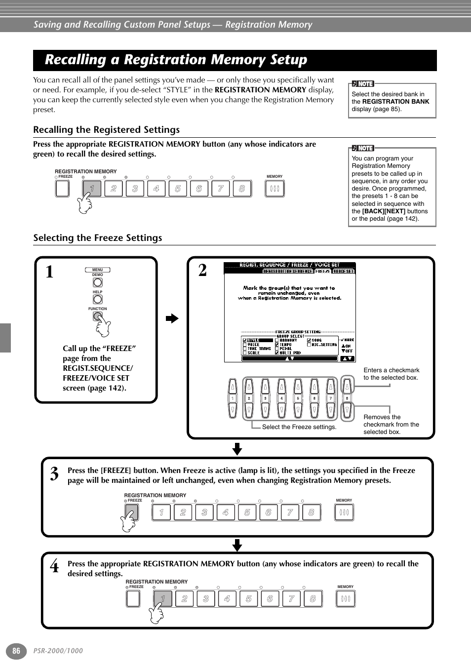 Recalling a registration memory setup, Recalling the registered settings, Selecting the freeze settings | P. 86 | Yamaha PORTATONE PSR-1000 User Manual | Page 86 / 172