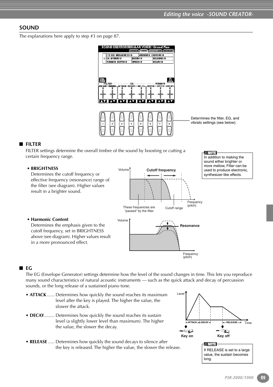 Sound, Filter, Editing the voice -sound creator | T he explanations here apply to step #3 on page 87 | Yamaha PORTATONE PSR-1000 User Manual | Page 89 / 172