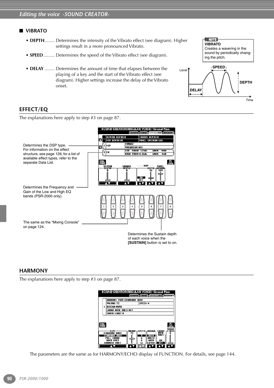 Vibrato, Effect/eq, Harmony | Editing the voice -sound creator | Yamaha PORTATONE PSR-1000 User Manual | Page 90 / 172