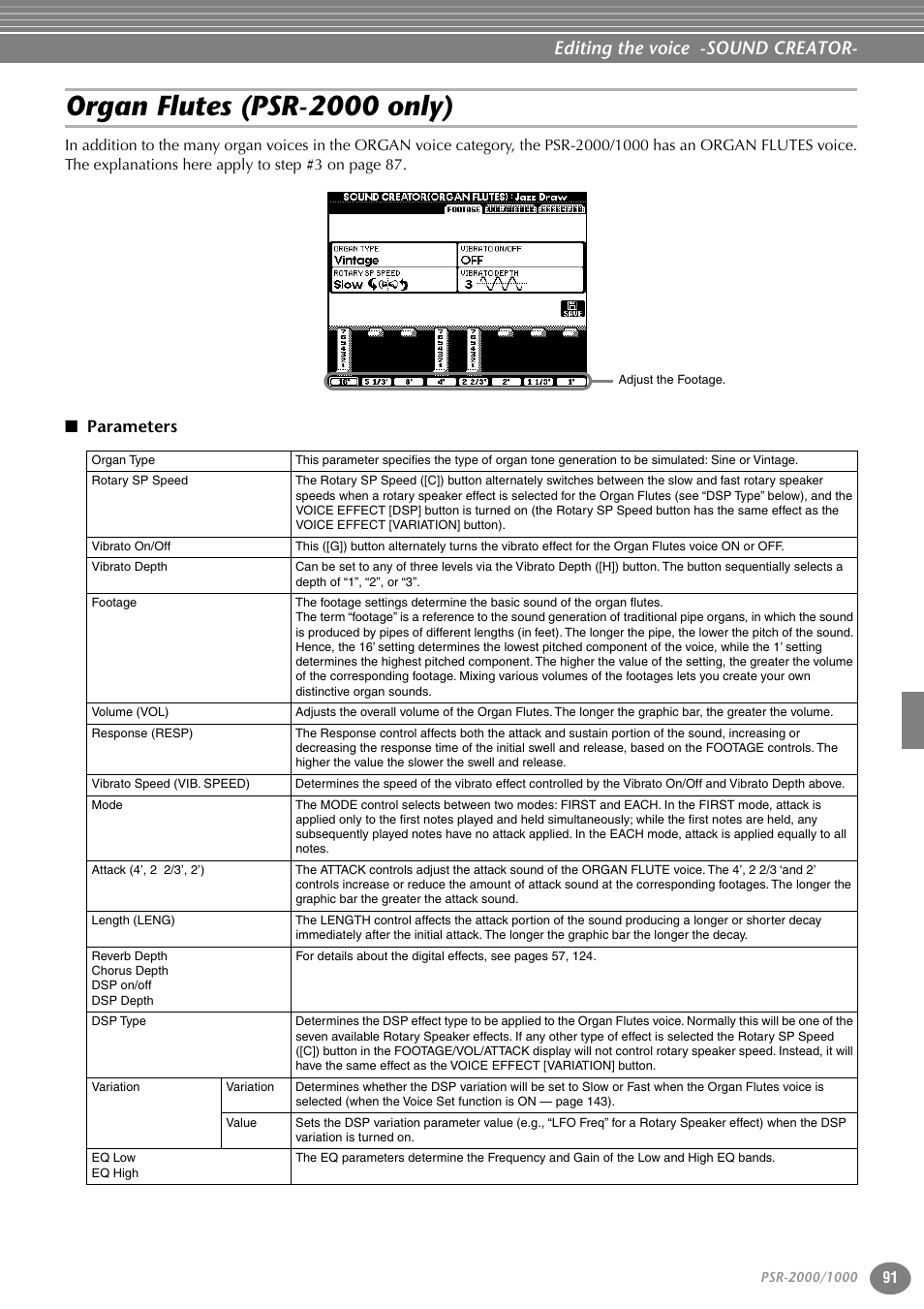 Organ flutes (psr-2000 only), Parameters, Editing the voice -sound creator | Yamaha PORTATONE PSR-1000 User Manual | Page 91 / 172