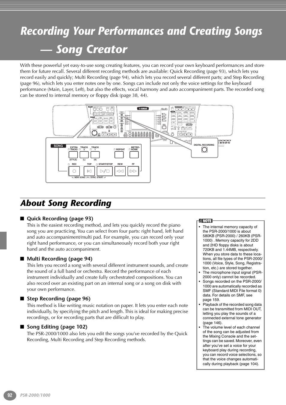 About song recording, P. 92, Quick recording (page 93) | Multi recording (page 94), Step recording (page 96), Song editing (page 102), Part, Variation, Reset, Reset min max | Yamaha PORTATONE PSR-1000 User Manual | Page 92 / 172