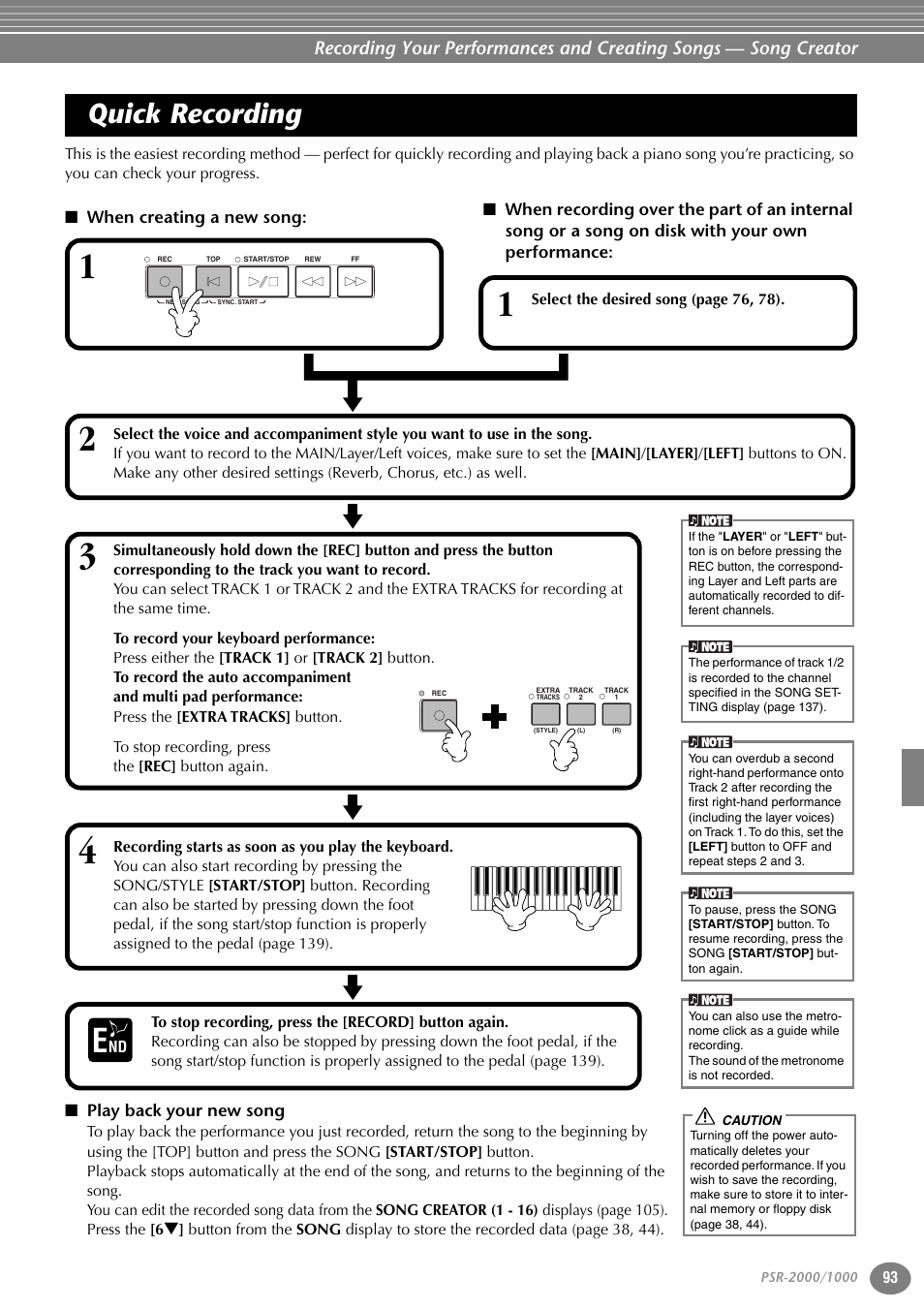 Quick recording, When creating a new song, Play back your new song | Yamaha PORTATONE PSR-1000 User Manual | Page 93 / 172