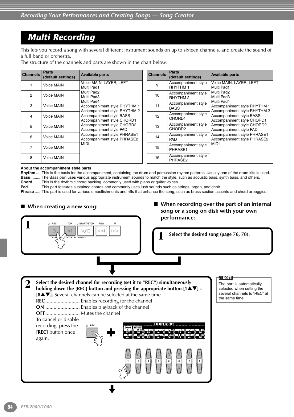 Multi recording, When creating a new song | Yamaha PORTATONE PSR-1000 User Manual | Page 94 / 172
