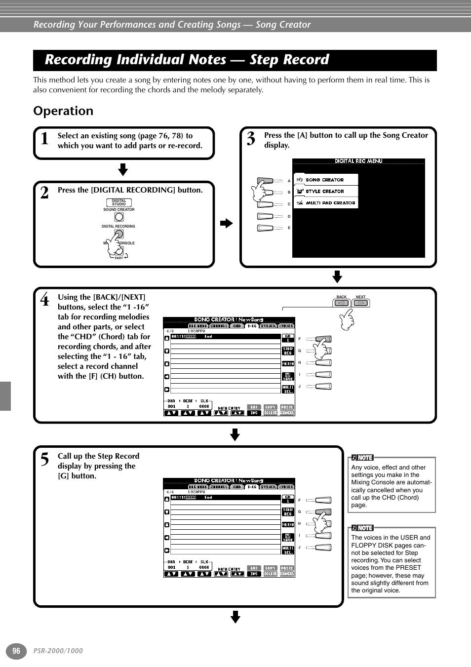 Recording individual notes — step record, Operation | Yamaha PORTATONE PSR-1000 User Manual | Page 96 / 172