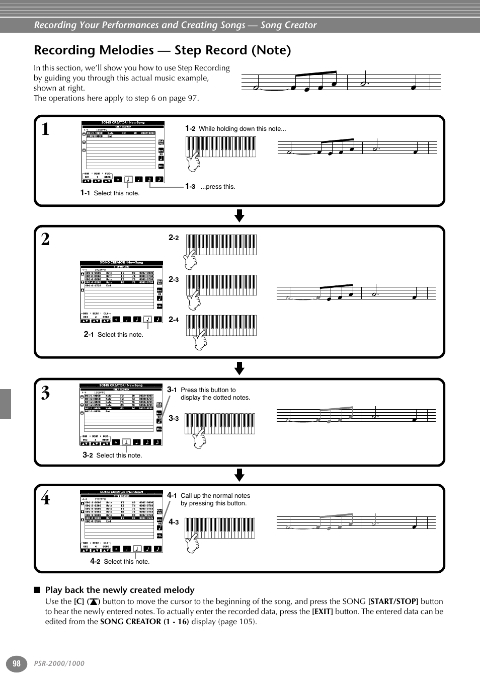 Recording melodies — step record (note), Play back the newly created melody | Yamaha PORTATONE PSR-1000 User Manual | Page 98 / 172
