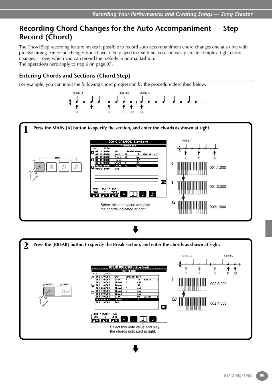 Entering chords and sections (chord step), Recording chord changes for the auto, Accompaniment — step record (chord) | Yamaha PORTATONE PSR-1000 User Manual | Page 99 / 172