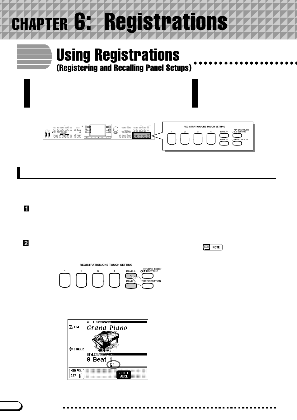Chapter 6: registrations, Storing a panel setup, Chapter 6 | Registrations, Using registrations, Chapter, Registering and recalling panel setups), Zset up the controls as needed, Xselect a registration bank | Yamaha CVP-109  EN User Manual | Page 108 / 235