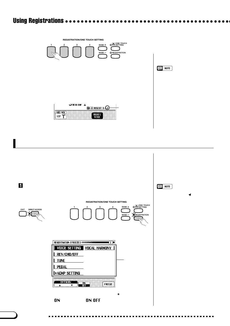 Protecting panel settings, Using registrations, Zopen the registration [freeze] display | Press [direct access] , then [registration | Yamaha CVP-109  EN User Manual | Page 110 / 235