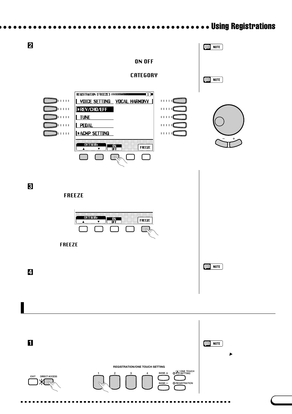 Naming the registration, Using registrations, Xindicate the categories to be frozen | Cturn the freeze function on or off, Zopen the registration [name] display, Vexit the display | Yamaha CVP-109  EN User Manual | Page 111 / 235
