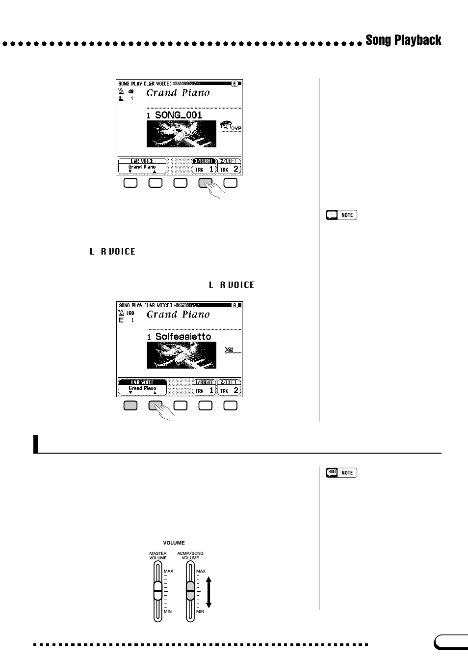 Overall song playback volume control, Song playback, Selecting voices for 1/right and 2/left parts | Yamaha CVP-109  EN User Manual | Page 119 / 235