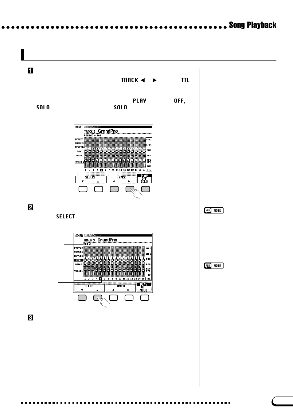 Changing settings in the mixer display, Song playback, Zselect the track to be changed | Xselect the parameter to be edited, Cedit the value or setting | Yamaha CVP-109  EN User Manual | Page 121 / 235