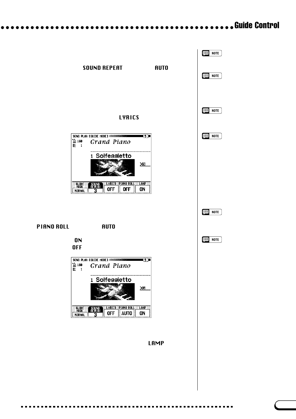Guide control, Setting the sound repeat number, Lyric display on/off | Piano roll on/off, Keyboard guide lamp on/off | Yamaha CVP-109  EN User Manual | Page 129 / 235