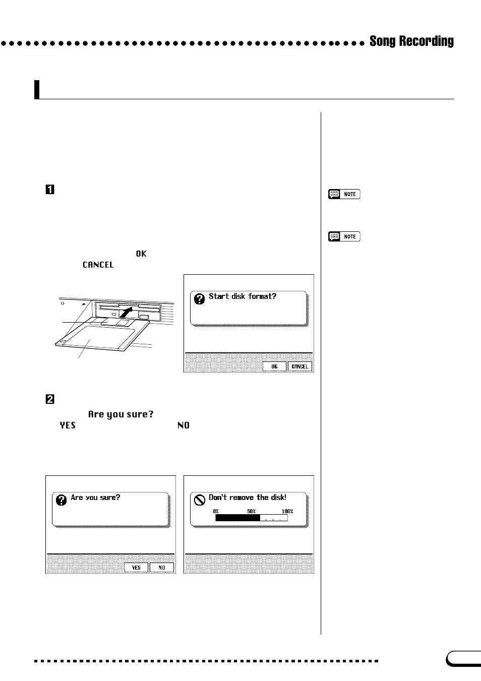 Recording setup: disk format, Song recording, Zinsert a disk | Xexecute the format operation | Yamaha CVP-109  EN User Manual | Page 131 / 235