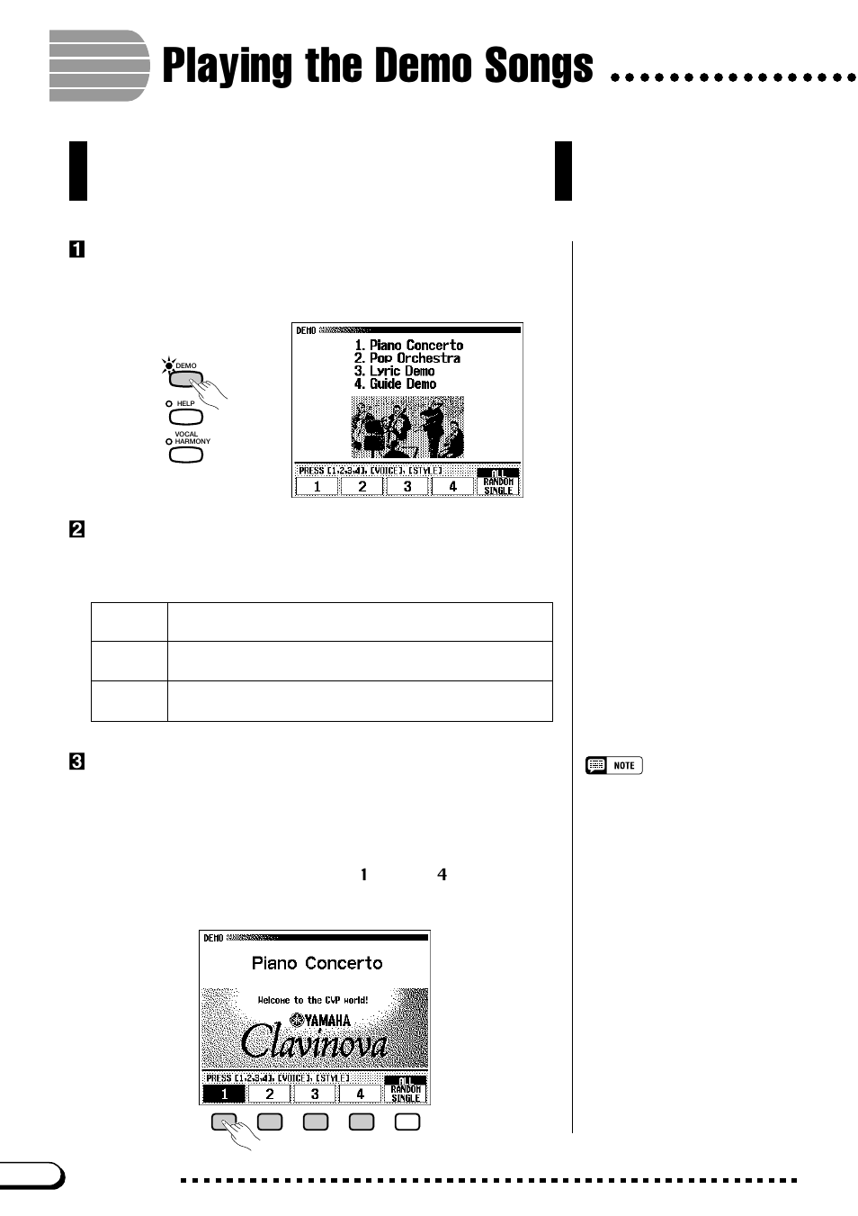 Playing the demo songs, Xselect the desired play mode, Zcall up the demo play mode | Cselect the song and start playback | Yamaha CVP-109  EN User Manual | Page 14 / 235