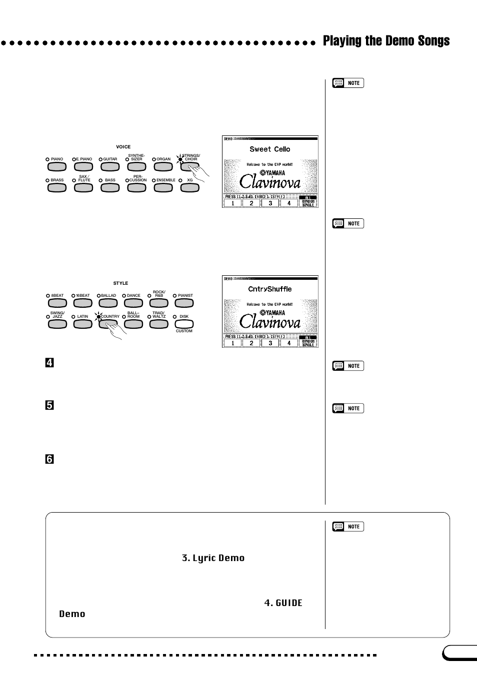 Playing the demo songs, Vadjust the volume, Bstop the demo playback | Nexit the demo mode | Yamaha CVP-109  EN User Manual | Page 15 / 235