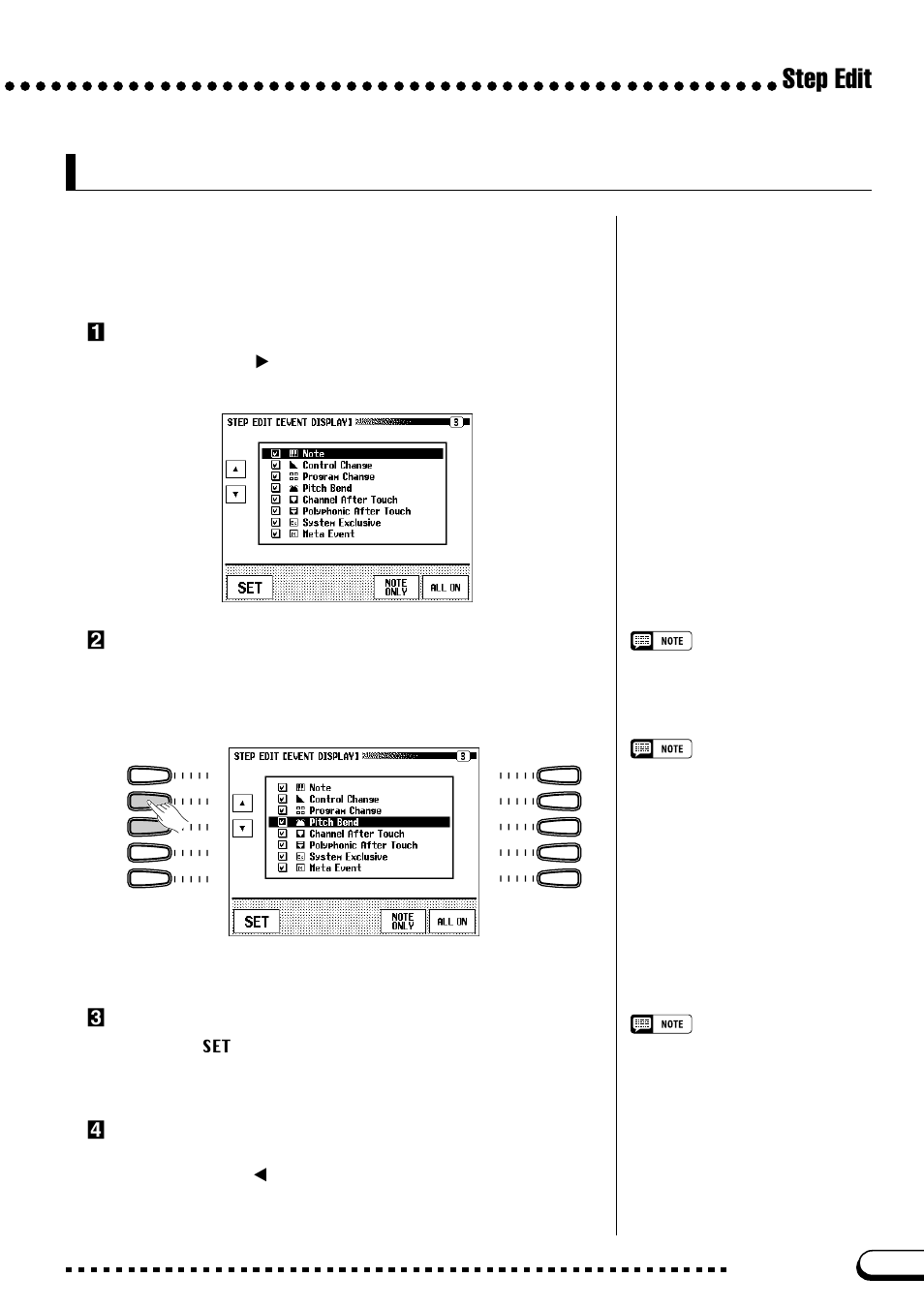 Filtering the event list, Step edit, Zopen the step edit [event display] page | Xselect an event type, Cuncheck the event types that you want to hide, Vreturn to the event list display | Yamaha CVP-109  EN User Manual | Page 161 / 235
