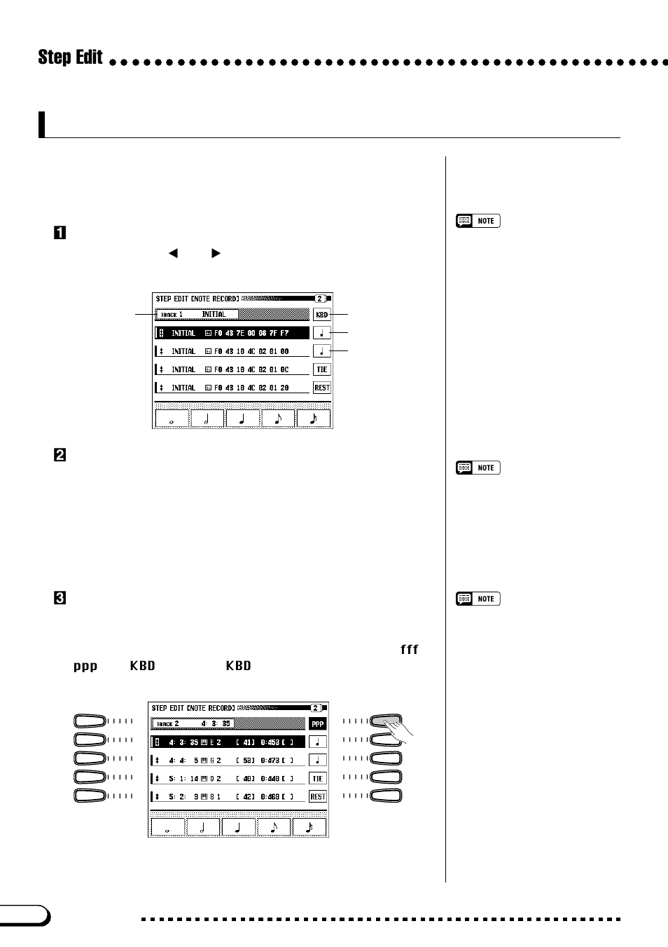 Recording music in step edit mode, Step edit, Cselect a dynamic | Yamaha CVP-109  EN User Manual | Page 162 / 235