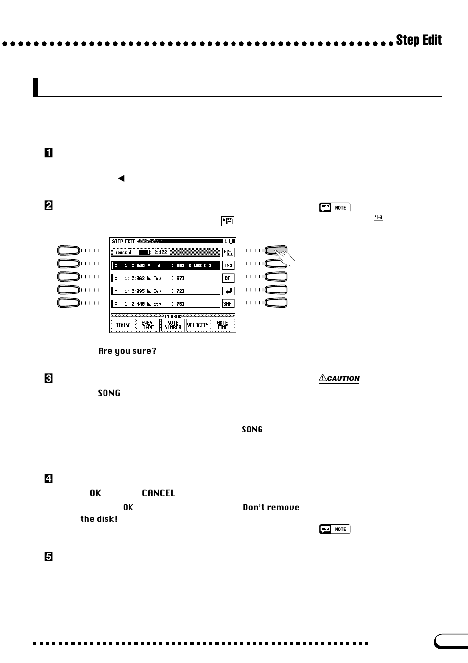 Saving your changes, Step edit, Zopen the step edit page, if necessary | Xselect the save function, Cselect a song number, if necessary, Vsave the data, Bexit the step edit mode | Yamaha CVP-109  EN User Manual | Page 165 / 235