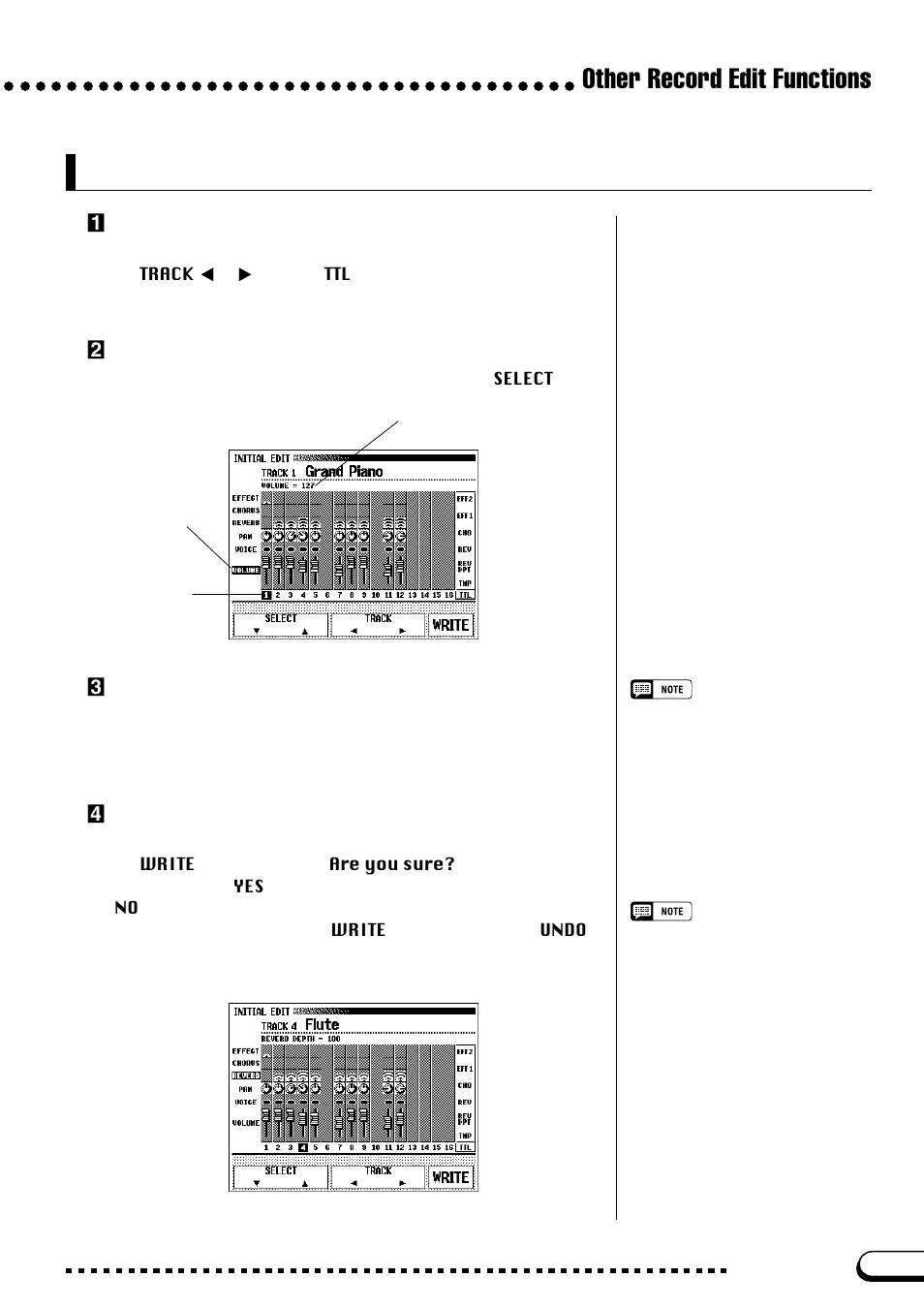 Making settings in the initial edit display, Other record edit functions, Zselect the track to be edited | Xselect the parameters to be changed, Cchange the settings, Vwrite the changes | Yamaha CVP-109  EN User Manual | Page 171 / 235