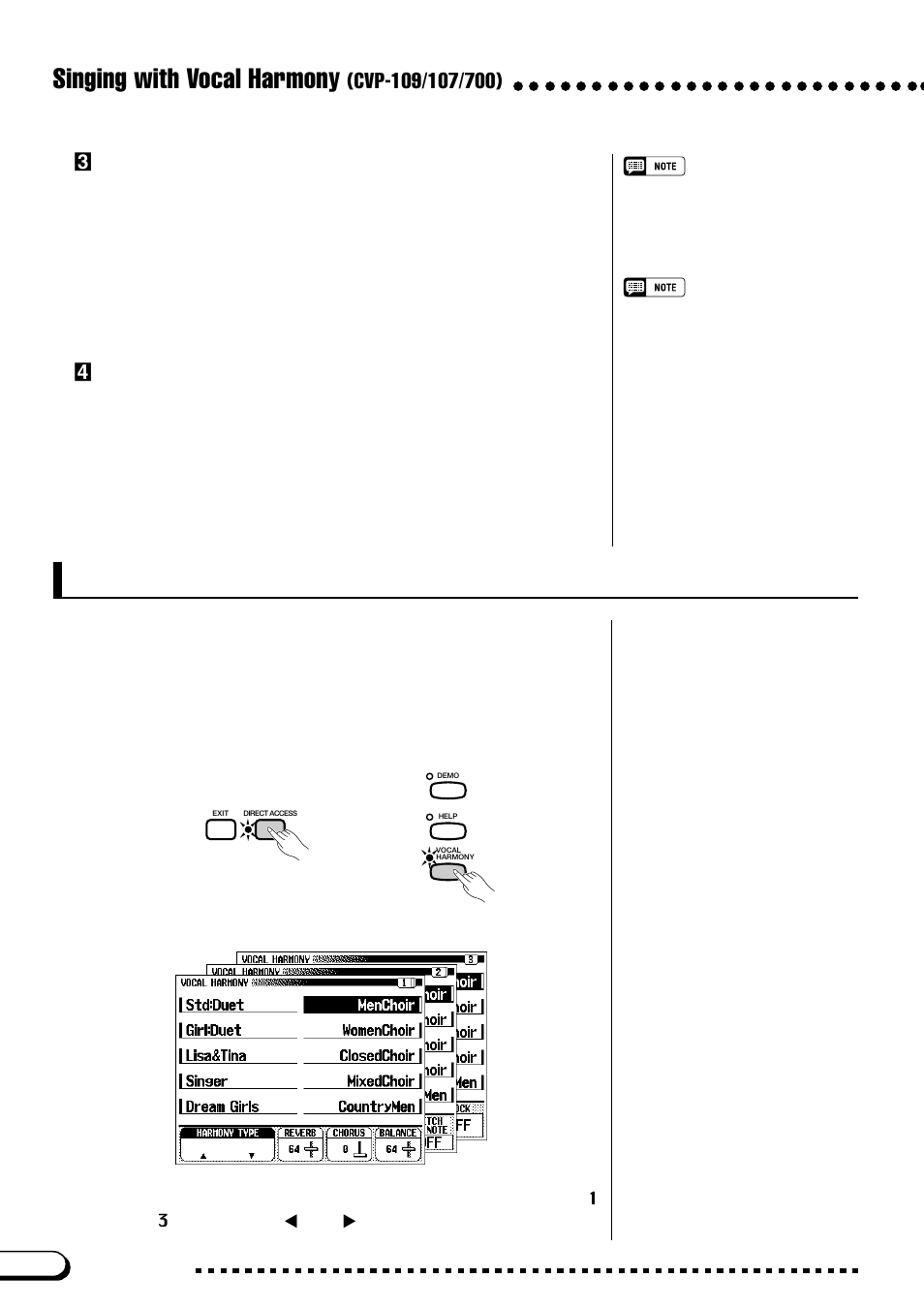 Changing the vocal harmony settings, Singing with vocal harmony, Csing along with the clavinova | Vturn off the vocal harmony function, Displaying the vocal harmony settings | Yamaha CVP-109  EN User Manual | Page 176 / 235