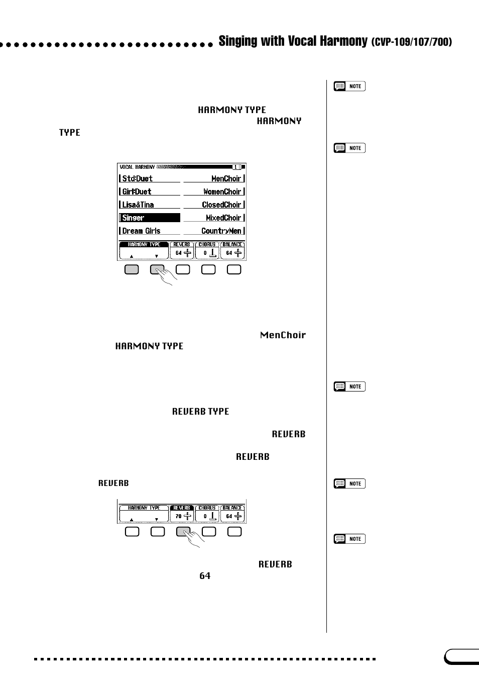 Singing with vocal harmony, Changing the vocal harmony type, Setting the vocal harmony reverb depth | Yamaha CVP-109  EN User Manual | Page 177 / 235