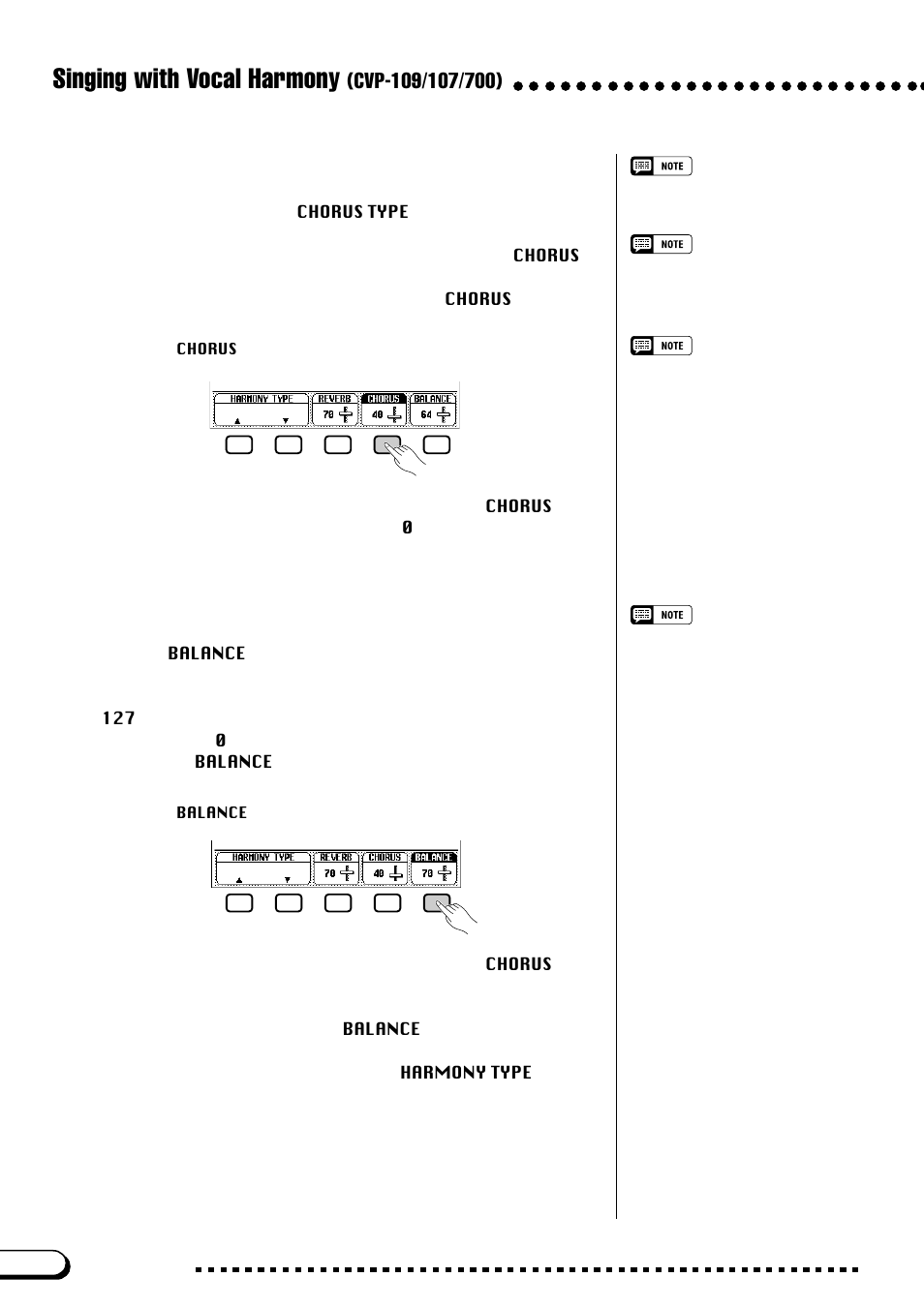 Singing with vocal harmony, Setting the vocal harmony chorus depth, Setting the vocal harmony balance | Yamaha CVP-109  EN User Manual | Page 178 / 235