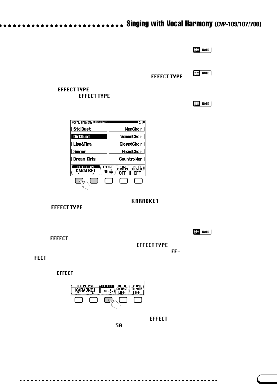 Singing with vocal harmony, Changing the vocal harmony effect type, Setting the vocal harmony effect depth | Yamaha CVP-109  EN User Manual | Page 179 / 235