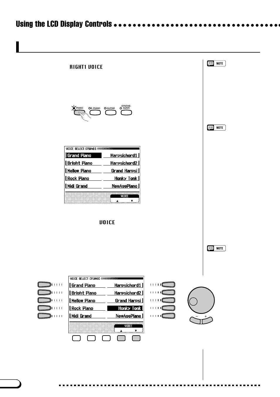 Changing a setting in a menu display, Using the lcd display controls, Using the ▲ and ▼ lcd buttons | Using the left and right lcd buttons | Yamaha CVP-109  EN User Manual | Page 18 / 235