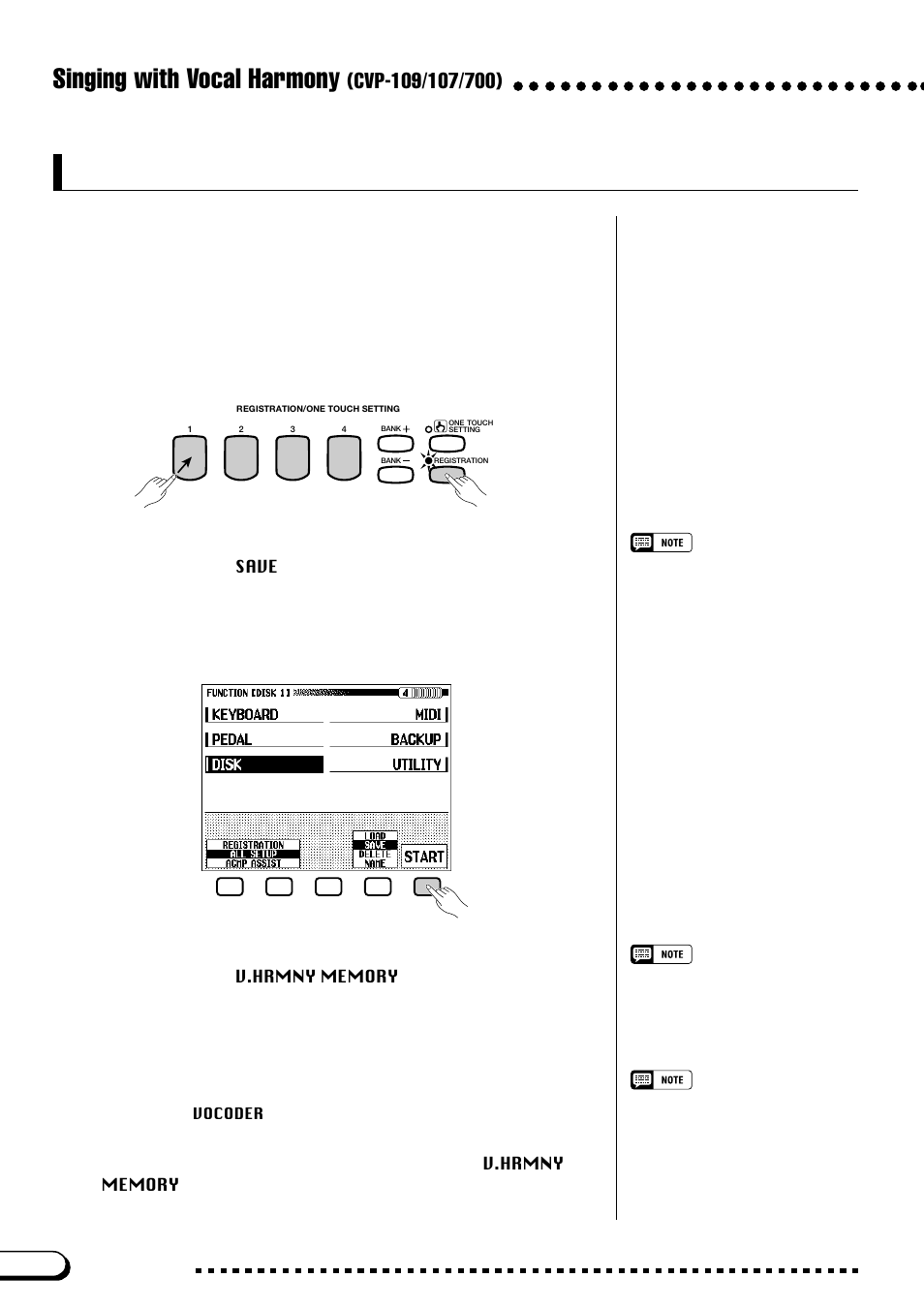 Using vocal harmony data, Singing with vocal harmony, Registering vocal harmony data | Saving vocal harmony data, Adding vocal harmony data to a song | Yamaha CVP-109  EN User Manual | Page 184 / 235