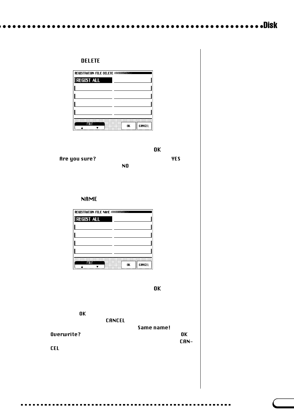 Disk, Delete, Name | Yamaha CVP-109  EN User Manual | Page 195 / 235
