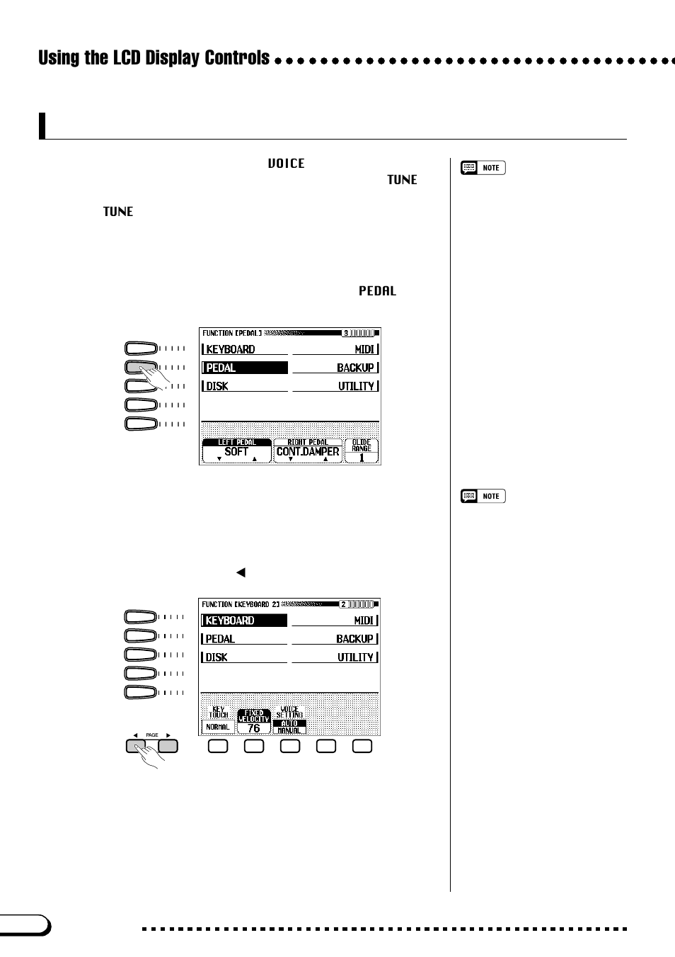 Displaying a different page, Using the lcd display controls | Yamaha CVP-109  EN User Manual | Page 20 / 235