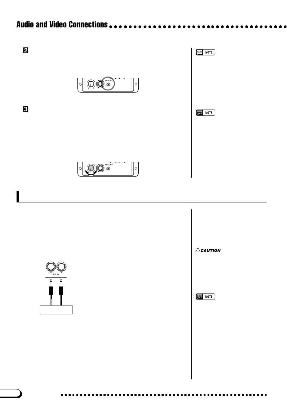 Audio input and output, Audio and video connections, Aux in jacks | Xset the input level, Cadjust the microphone volume | Yamaha CVP-109  EN User Manual | Page 214 / 235