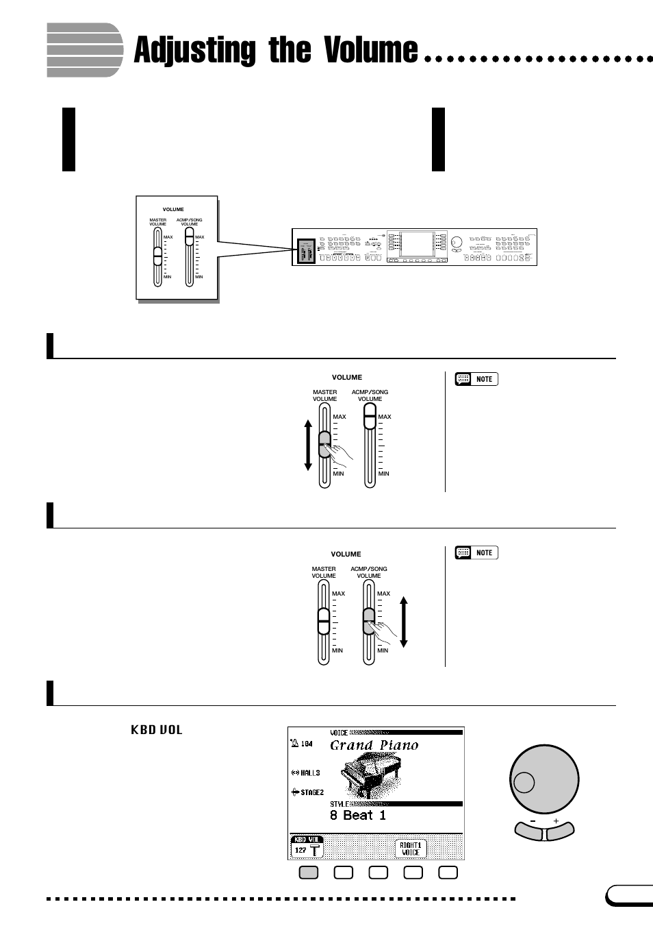 Adjusting the volume, Adjusting the overall volume, Adjusting the accompaniment or song volume | Setting the keyboard volume | Yamaha CVP-109  EN User Manual | Page 23 / 235