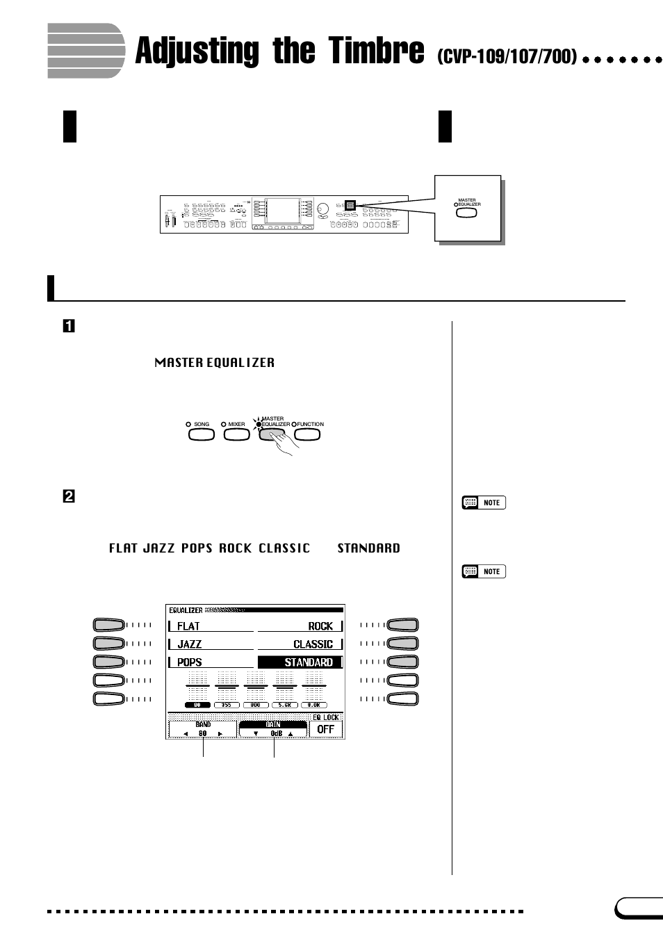 Adjusting the timbre (cvp-109/107/700), Changing the master equalizer settings, Adjusting the timbre | Cvp-109/107/700), Zcall up the master equalizer display, Xselect the type of equalization | Yamaha CVP-109  EN User Manual | Page 25 / 235