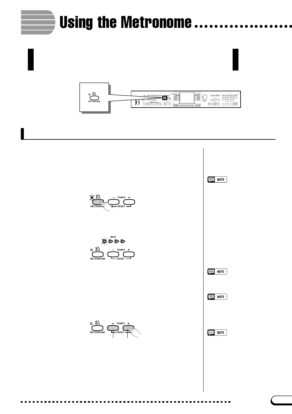 Using the metronome, Starting and stopping the metronome, Adjusting the tempo | Yamaha CVP-109  EN User Manual | Page 27 / 235