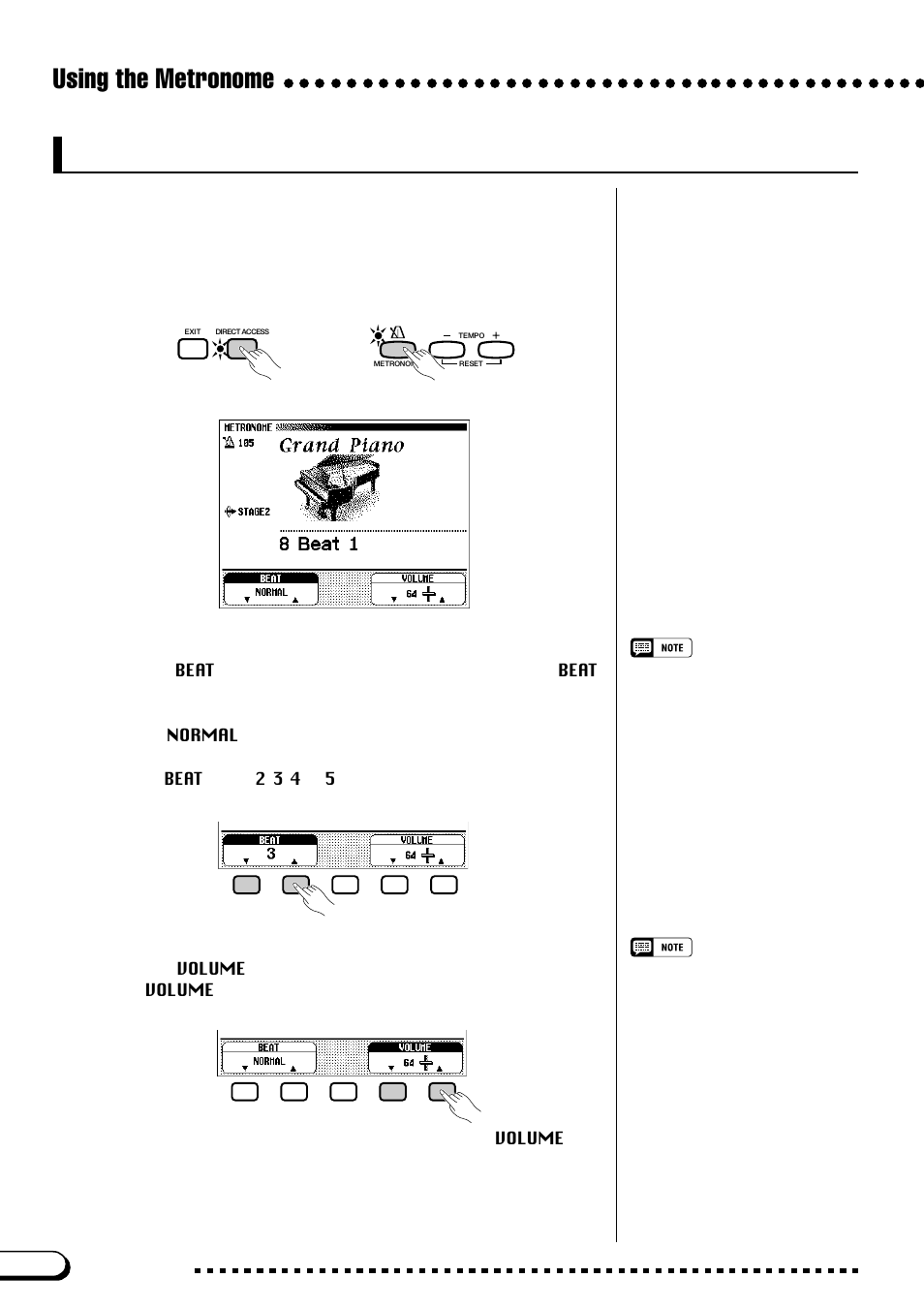 Changing the metronome settings, Using the metronome, Displaying the metronome settings | Setting the beat (time signature), Setting the metronome volume | Yamaha CVP-109  EN User Manual | Page 28 / 235