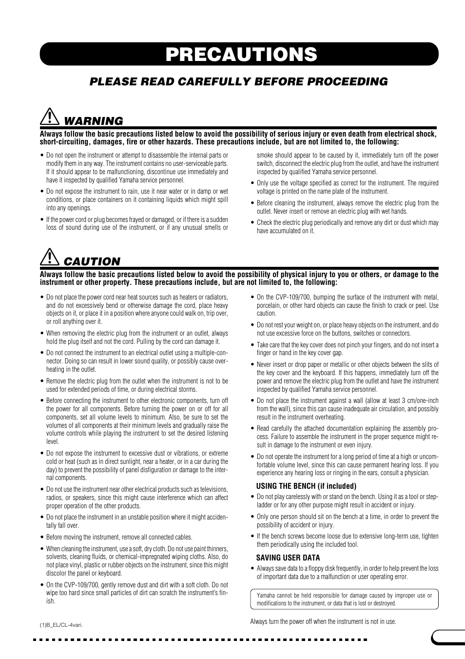 Precautions, Please read carefully before proceeding, Warning | Caution | Yamaha CVP-109  EN User Manual | Page 3 / 235