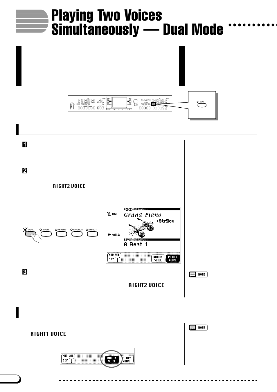 Playing two voices simultaneously ﾑ dual mode, Selecting the second voice, Changing the main voice in dual mode | Playing two voices simultaneously — dual mode, Zselect the main voice, Xcall up the dual mode, Cselect the second voice | Yamaha CVP-109  EN User Manual | Page 38 / 235