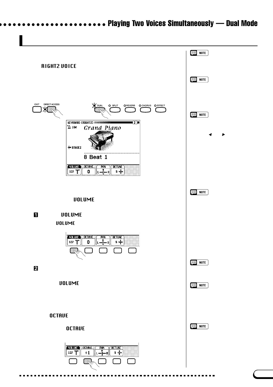Playing two voices simultaneously — dual mode, Displaying the second voice keyboard settings, Setting the volume of the second voice | Setting the octave of the second voice | Yamaha CVP-109  EN User Manual | Page 39 / 235
