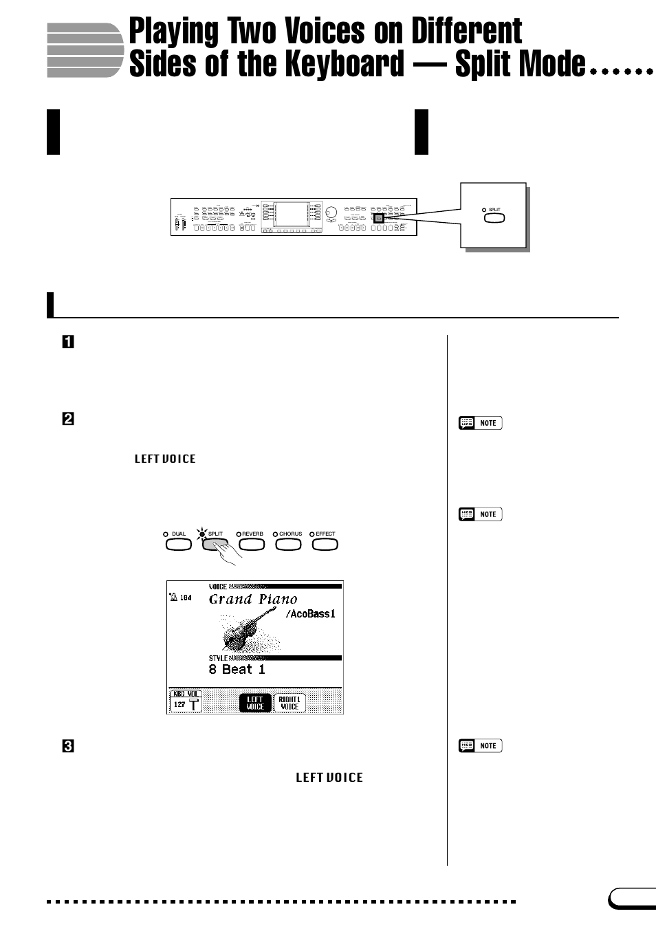 Selecting the left voice, Zselect the main voice, Xcall up the split mode | Cselect the left voice | Yamaha CVP-109  EN User Manual | Page 41 / 235