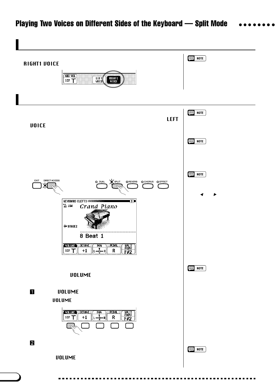 Changing the main voice in split mode, Changing the keyboard settings for the left voice, Displaying the left voice keyboard settings | Setting the volume of the left voice | Yamaha CVP-109  EN User Manual | Page 42 / 235