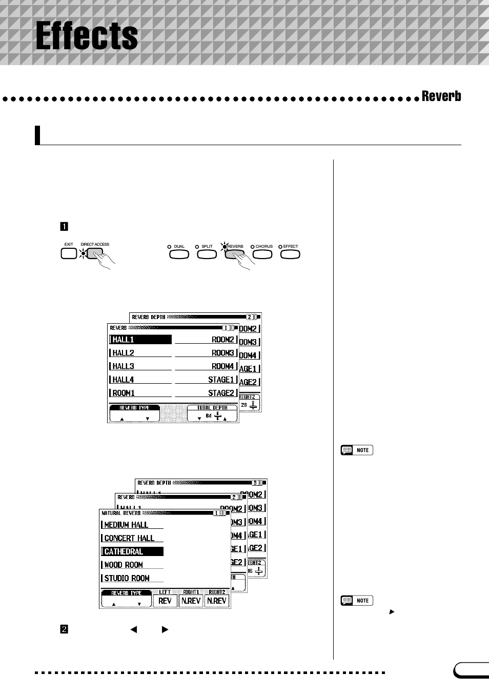 Changing the reverb settings, Effects, Reverb | Yamaha CVP-109  EN User Manual | Page 47 / 235