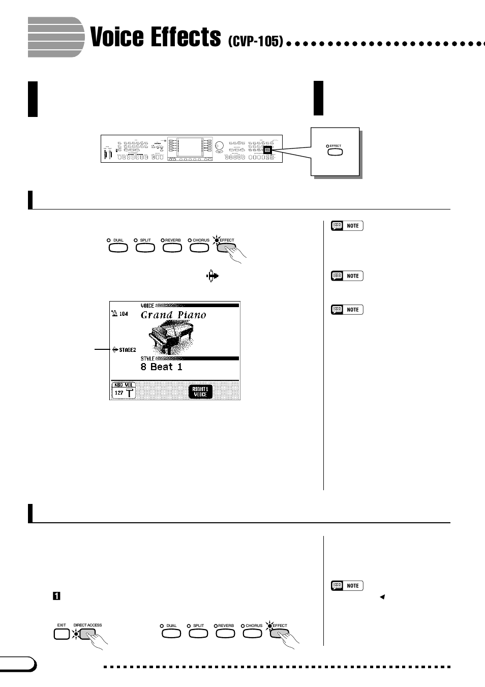 Voice effects (cvp-105), Turning the effects on, Changing the effect settings | Voice effects, Cvp-105), Displaying the effect settings | Yamaha CVP-109  EN User Manual | Page 58 / 235