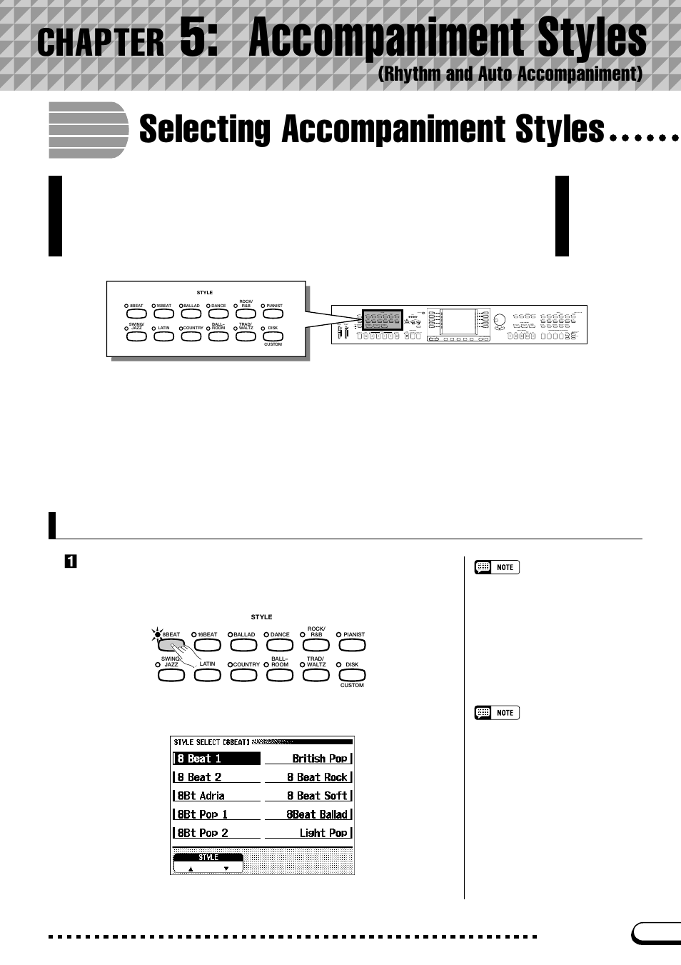 Selecting accompaniment styles, Selecting a style, Chapter 5 | Accompaniment styles, Rhythm and auto accompaniment), Chapter, Zselect an accompaniment style group | Yamaha CVP-109  EN User Manual | Page 61 / 235