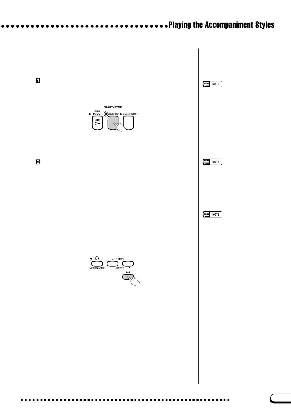 Playing the accompaniment styles, Synchronized start, Tap start | Yamaha CVP-109  EN User Manual | Page 65 / 235