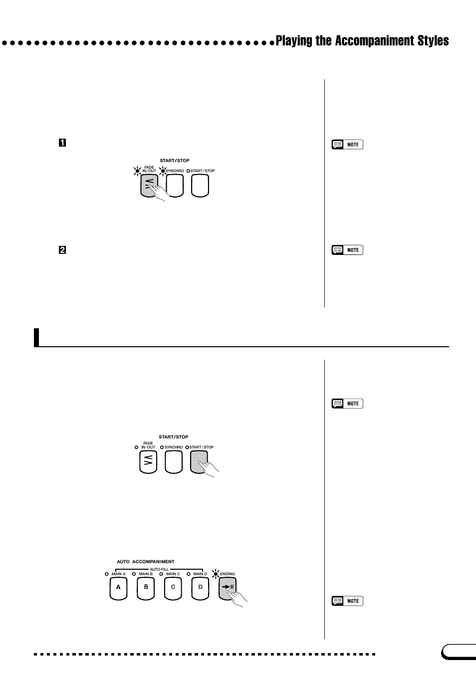 Stopping the accompaniment style, Playing the accompaniment styles, Standard stop | Adding an ending, Fading in | Yamaha CVP-109  EN User Manual | Page 67 / 235