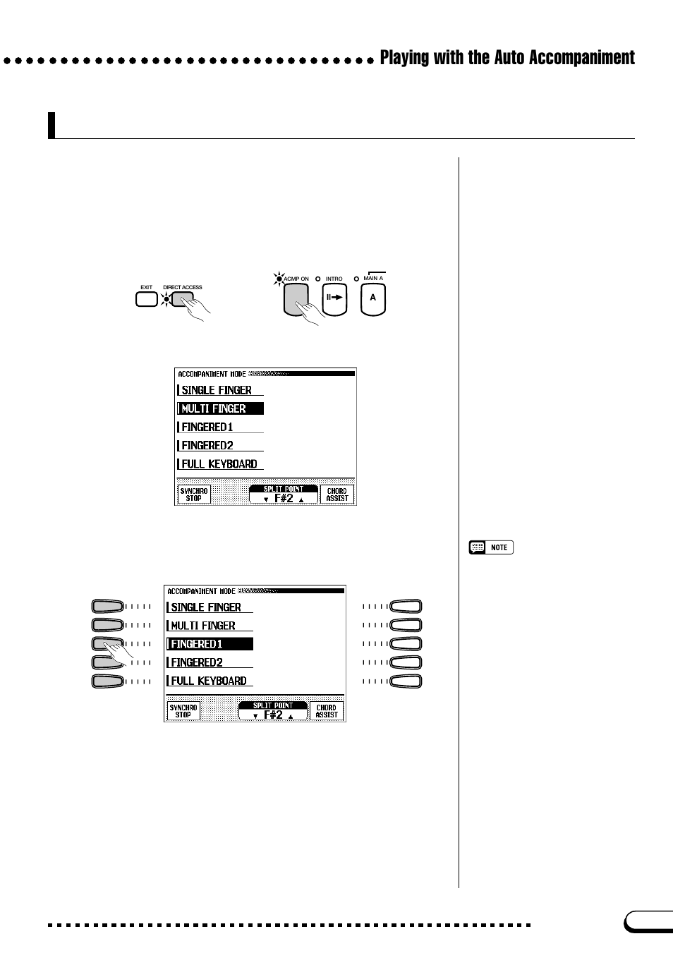 Changing the auto accompaniment settings, Playing with the auto accompaniment, Displaying the auto accompaniment settings | Selecting an accompaniment mode | Yamaha CVP-109  EN User Manual | Page 71 / 235