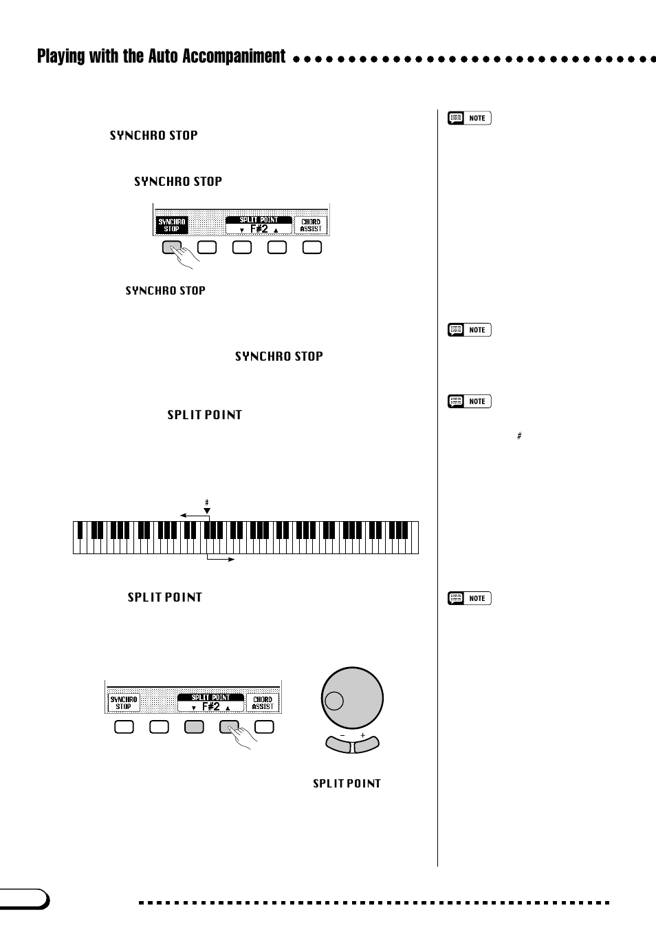 Playing with the auto accompaniment, Using the synchronized stop function, Changing the split point | Yamaha CVP-109  EN User Manual | Page 74 / 235
