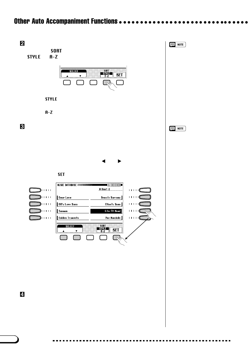 Other auto accompaniment functions, Xsort the list, if necessary, Cselect and recall a panel setup | Vreturn to the main display | Yamaha CVP-109  EN User Manual | Page 80 / 235